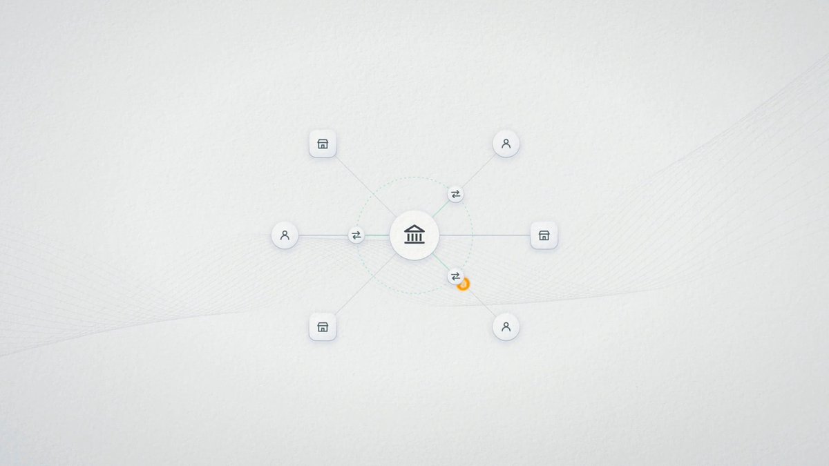 A network diagram shows a central bank icon connected to multiple user and storefront icons via transfer arrows, illustrating a simplified payment integration system. The orange highlight on one connection emphasizes an active transaction flow, complementing the message about making Bitcoin payments easy to integrate via their API.