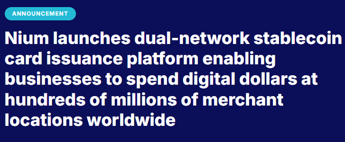 iai.ai's Nium platform is launching a dual-network stablecoin, with the text "Nium Launches Dual-Network Stablecoin Issuance Platform Enabling Businesses to Spend Digital Dollars at Hundreds of Millions of Merciant Locations Worldwide".