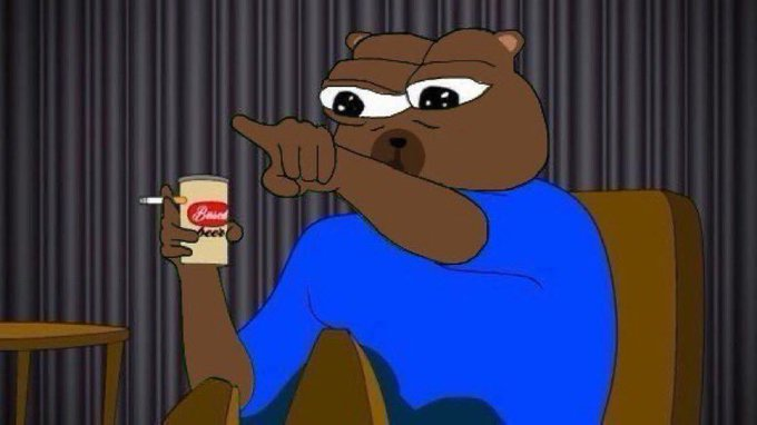 A cartoon brown bear with a smug expression points accusingly while holding a Budweiser can, set against a dark curtain backdrop. The bear's bullish, pointing pose humorously conveys confidence and accusation, mirroring the poster's cocky tone about their trading profits (PNL) and their promise to spend half of it on the leveraged real estate ETF $DRV, suggesting they're "calling out" doubters or celebrating their wins.