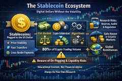 The image showcases "The Stablecoin Ecosystem" with a central 80% dominance in crypto trading volume, highlighting global stablecoin usage, Bitcoin ownership, and pegging & liquidity risks, while noting "9 Years of Stablecoin Adoption." It ties into the 9th anniversary of Binance by celebrating the platform's role in the growth and dominance of stablecoins in the crypto market.