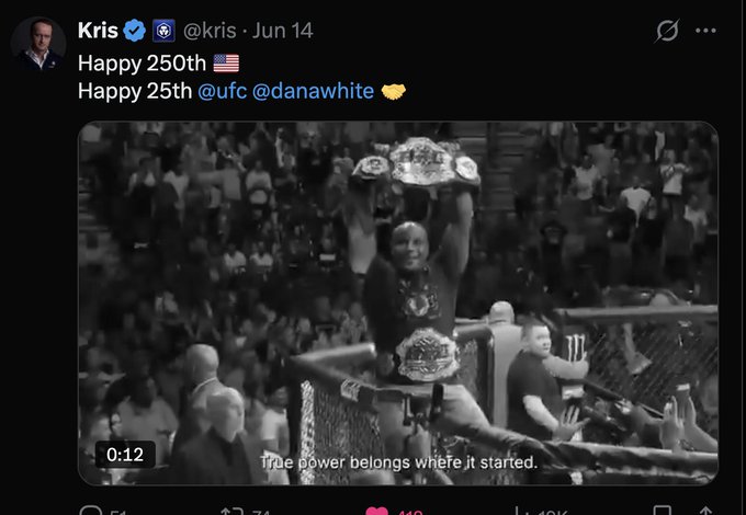 The image shows a tweet from Kris (@kris) dated June 14, featuring a black-and-white video of a victorious fighter holding championship belts in a cage, with the text "Happy 250th 🇺🇸 Happy 25th @ufc @danawhite 🤝" and a caption reading "True power belongs where it started."

The tweet appears to be a celebratory post commemorating America's 250th anniversary and the UFC's 25th anniversary, which is somewhat tangential to the accompanying discussion about the silence of Kris and Ryan on a DeFi project and developments with the Robinhood chain and Vlad Tenev's social media activity.
