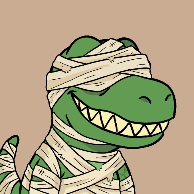 A cartoon illustration of a green T-Rex dinosaur wrapped in tattered white mummy bandages, smiling with its sharp teeth exposed.
