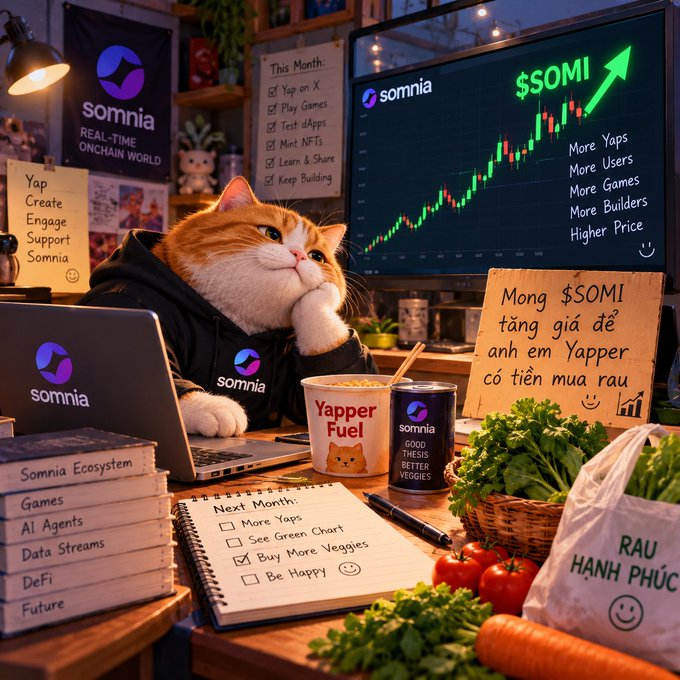 An anthropomorphic orange cat wearing a Somnia-branded hoodie sits at a desk with a laptop and monitor showing a rising $SOMI chart, surrounded by Yapper Fuel, veggies, and notes like 'Mong $SOMI tăng giá để anh em Yapper có tiền mua rau.'