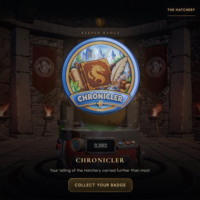 A video game achievement screen displays a 'Chronicler' Keeper Badge with a score of 3,382, noting 'Your telling of the Hatchery carried further than most.'