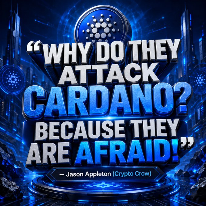 The image features a blue background with white text that reads "Why do they attack Cardano? Because they are afraid!". The caption also includes an image of a coin, which further emphasizes the theme of cryptocurrency.