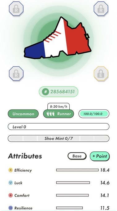 Digital sneaker NFT interface showing a French flag-themed shoe labeled 'Shoe Mint 0/7' with stats including Efficiency 18.4, Luck 14.6, Comfort 14.1, and Resilience 11.5.