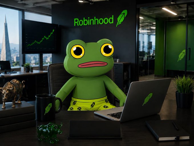 The caption should describe: A green cartoon frog mascot character sits at an office desk with a laptop displaying the Robinhood logo, wearing yellow leaf-patterned shorts, alongside a matching Robinhood mug, in a sleek modern office featuring a "Robinhood" wall sign, a stock chart on a monitor, and a bronze bull statue.

**Caption:** A green frog mascot wearing leaf-patterned shorts sits at a desk working on a Robinhood-branded laptop in a sleek office space featuring the "Robinhood" logo, stock chart monitor, and a bronze bull statue.

**How it relates to the post:** The post's message—that every crypto cycle gets its iconic animal mascot—plays on Robinhood's visible leaf logo being creatively reimagined as a frog character. The image positions this frog as Robinhood's new "memecoin moment," tying directly into the "Locked in" energy of meme-driven crypto culture trading on that platform.