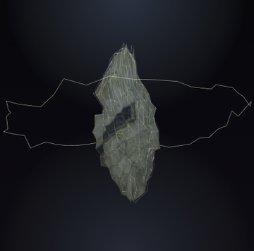 A dark, fragmented 3D rendering of an irregular object against a black background.