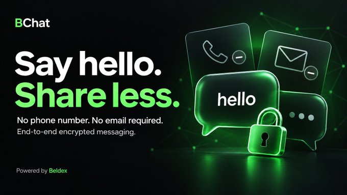 Promotional banner for BChat with the tagline 'Say hello. Share less.' and text stating 'No phone number. No email required. End-to-end encrypted messaging.' Powered by Beldex.