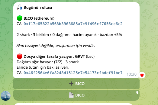 A screenshot of a Turkish-language messaging channel discusses a stock called 'BICO (ethereum)' with a contract address and trade details.