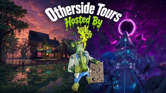 A vibrant purple-toned promotional graphic for 'Otherside Tours Hosted By Jess Vegas,' featuring an animated zombie character holding a treasure map with a bayou house and a portal structure in the background.