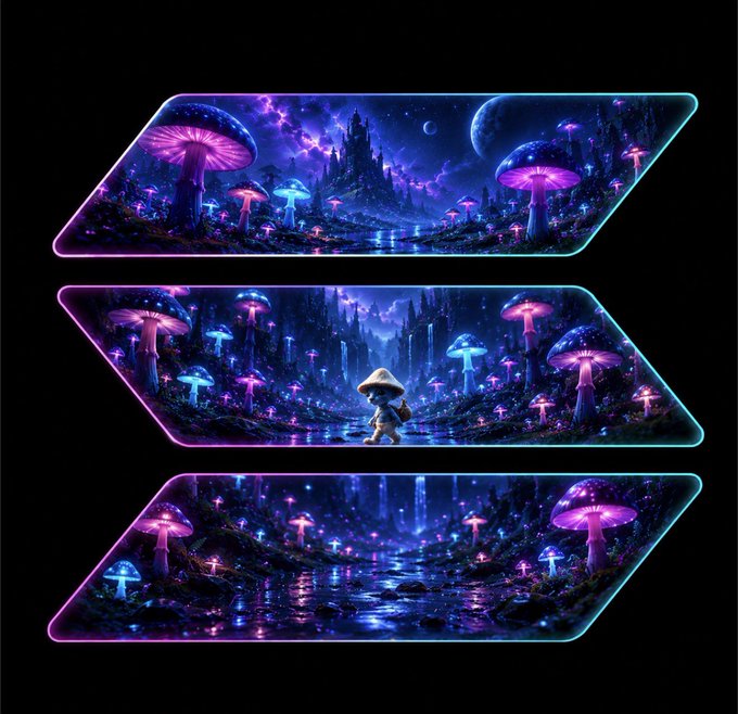 Three decorative angled panel designs depicting a fantasy landscape with glowing purple and blue mushrooms, a glowing river, and a small character in a hooded cloak walking through the mystical scene.