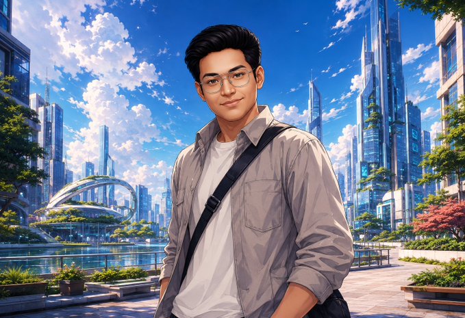 A young man with glasses and a messenger bag stands in a vibrant, futuristic cityscape under a bright blue sky, evoking a sense of forward-looking optimism and technological progress that complements the post's discussion of Quip Network's "Canary Nodes" as a crucial, if underappreciated, layer of chain protection.