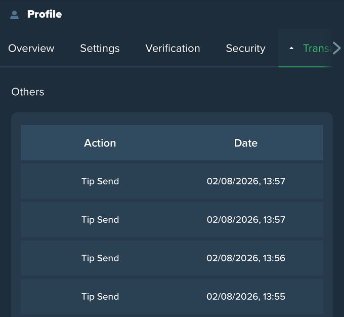 A profile activity log titled "Others" showing four consecutive "Tip Send" transactions dated 02/08/2026 between 13:55 and 13:57, demonstrating recent outgoing tip activity referenced in the accompanying post about sending tips via SOL wallets on Duelbits.