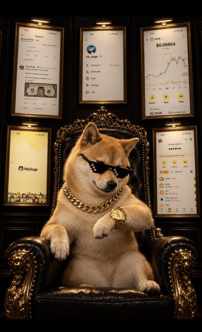 A digital illustration depicts a Shiba Inu dog wearing sunglasses, a gold chain, and a gold watch, sitting on a golden throne surrounded by smartphone screens displaying cryptocurrency charts and dog-themed apps.