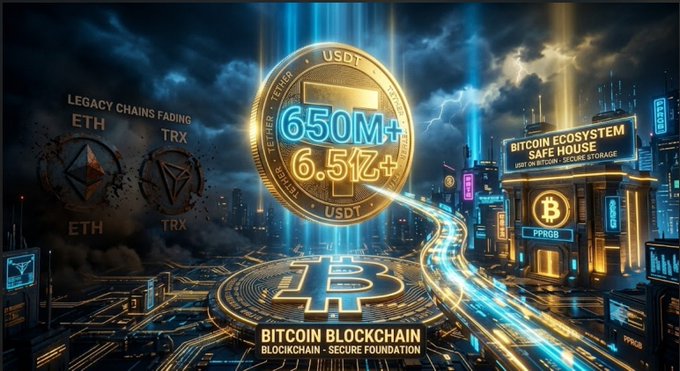 A dramatic digital art piece depicting the Bitcoin ecosystem as a glowing city, with a large USDT coin showing '650M+', faded legacy chains labeled 'ETH' and 'TRX' on the left, and a 'BITCOIN ECOSYSTEM SAFE HOUSE' on the right.