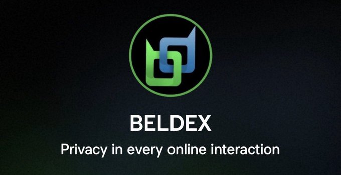 A dark promotional graphic for BELDEX featuring a circular green and blue logo with the tagline 'Privacy in every online interaction'.