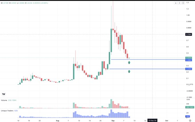 A financial candlestick chart showing price action with support and resistance levels drawn in, displaying volume and unique traders data at the bottom.