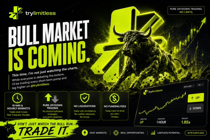 Cryptocurrency trading advertisement for 'trylimitless' featuring a green bull and the headline 'BULL MARKET IS COMING,' promoting features like 15-min hourly markets, pure up/down trading, no liquidations, and no funding fees.