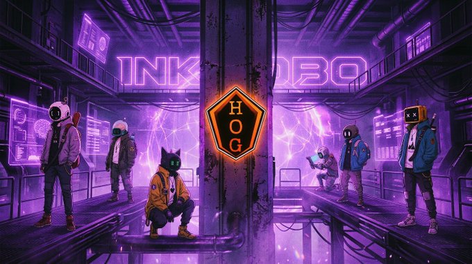 A neon-lit cyberpunk-style illustration showing various characters in animal and robot masks standing around a central hexagonal 'HOG' logo with 'INK' and 'OBO' neon signs in the background.