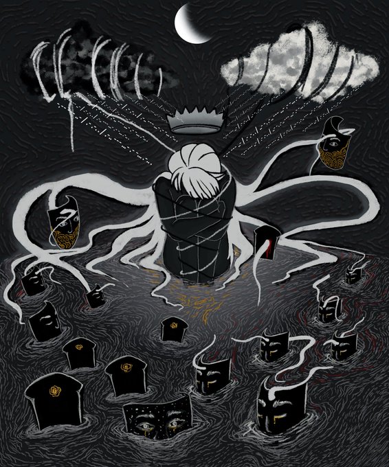 A dark surreal illustration depicting a crowned octopus-like figure with white hair surrounded by emerging black masks and t-shirts in a turbulent sea under a crescent moon.