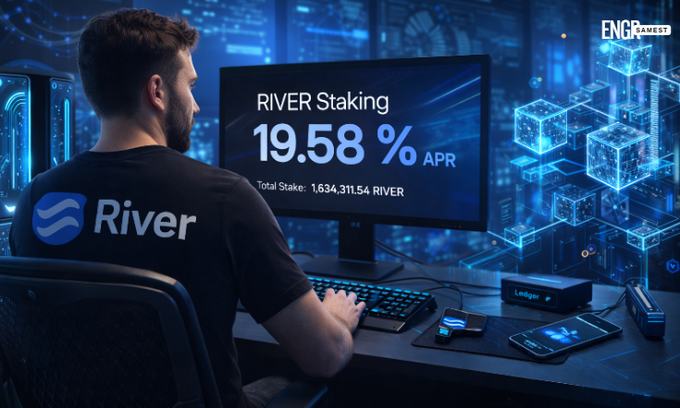 The image showcases a man sitting at a desk with a computer monitor displaying information about river staking. He appears to be actively engaged in a game or working on a project related to decentralized finance, as indicated by the text that suggests timing is crucial for maximizing his potential yield. The scene focuses on the screen and the man's involvement, rather than showing any actual physical objects or details of the setting.