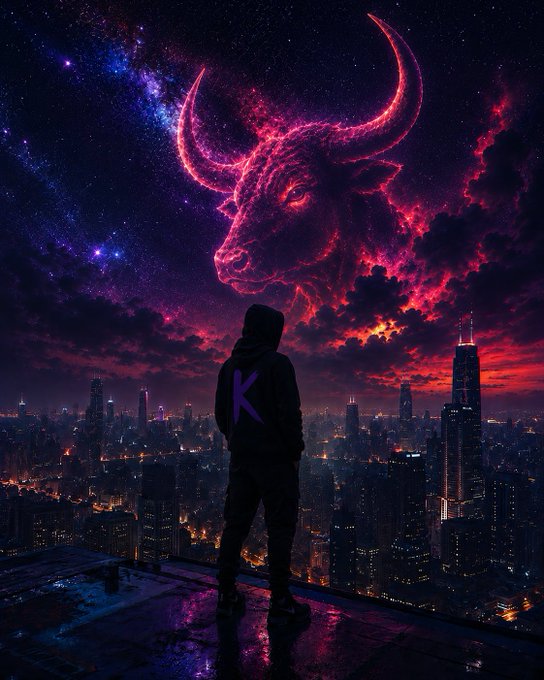 A hooded figure with a "K" on their back stands on a rooftop overlooking a glowing city skyline, gazing up at a massive, fiery bull formed from cosmic clouds and stars—symbolizing the bullish momentum behind the $ANSEM community following the unexpected growth sparked by engagement with @blknoiz06.