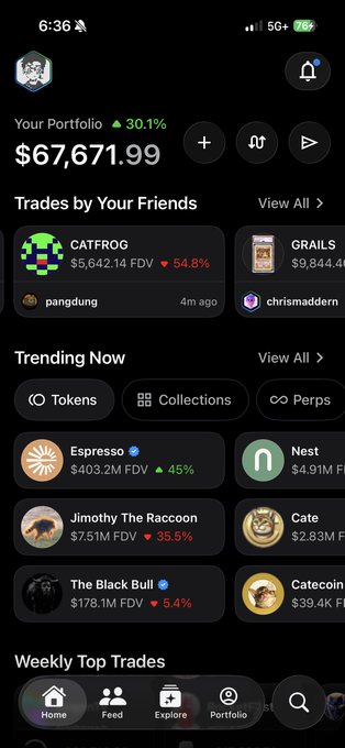 A mobile app screenshot (likely Axiom or similar crypto trading platform) showing a portfolio value of $67,671.99 with a 30.1% gain, featuring friends' trades including CATFROG (-54.8%) and GRAILS, plus a 'Trending Now' section listing Espresso (-45%), Nest, Jimothy The Raccoon (-35.5%), Cate, The Black Bull (-5.4%), and Catecoin.