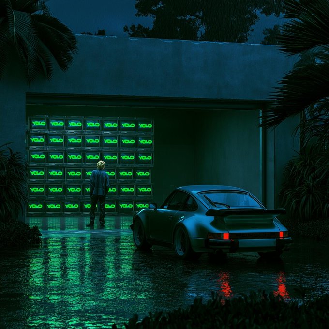 A moody, atmospheric digital artwork showing a person in a suit standing before a wall of glowing green 'YOLO' screens with a classic Porsche parked nearby at night.