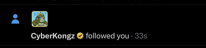 A Twitter/X notification showing that 'CyberKongz' followed the user 33 seconds ago.