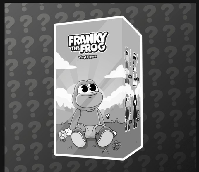 A grayscale illustration shows a "FRANKY THE FROG Vinyl Figure" box set featuring a cartoon frog sitting in a field with smaller character figures on the side of the packaging, set against a dark background patterned with question marks.