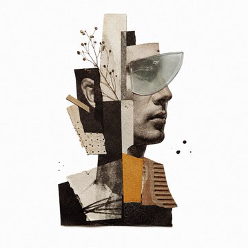 A mixed-media collage artwork featuring a fragmented portrait of a person wearing a translucent visor, with geometric shapes and dried botanical elements layered over their face.