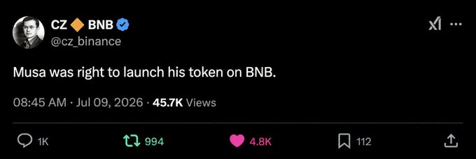 The image is a tweet from CZ Binance (@cz_binance) dated July 9, 2026, reading "Musa was right to launch his token on BNB," garnering 4.8K likes and 45.7K views. The accompanying post "$musa" references the Musa token being endorsed by the former Binance CEO.