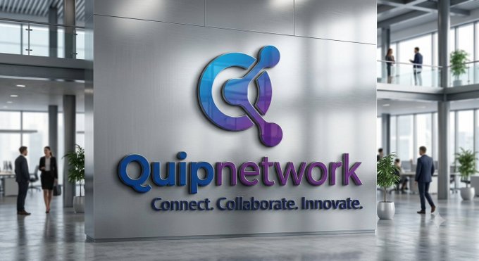 A 3D rendering of a modern, bright office lobby interior featuring a large metallic wall sign displaying the 'Quipnetwork' logo and tagline 'Connect. Collaborate. Innovate.', with blurred figures of people walking in the background.