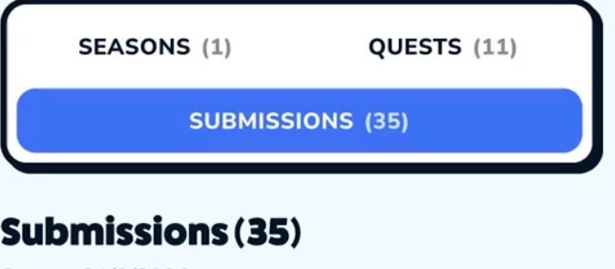 A digital interface header displaying three tabs: 'SEASONS (1)', 'QUESTS (11)', and a highlighted blue 'SUBMISSIONS (35)' button above the heading 'Submissions (35)'.