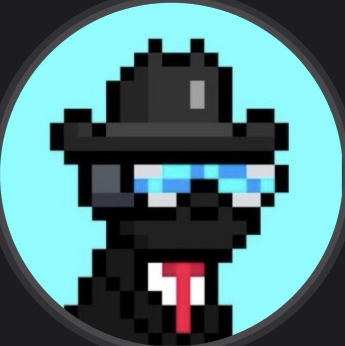 A pixel-art icon features a black-clad character wearing a fedora and pixelated sunglasses with a red and white symbol on their shirt, set against a cyan circle.