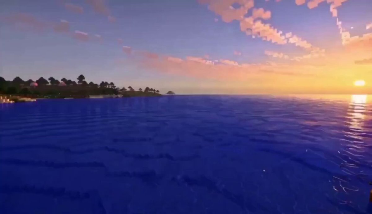 The image features a serene ocean view with a beautiful sunset casting its warm colors across the sky, creating an awe-inspiring atmosphere. Below the sky, there's a blue water surface that reflects the captivating hues of the sun setting over the horizon. On the left side of the image, in the bottom right corner, you can see the title "Pumpfun" written on it. This suggests that this is an advertisement or promotional post related to the gaming platform Minecraft and its experiences.