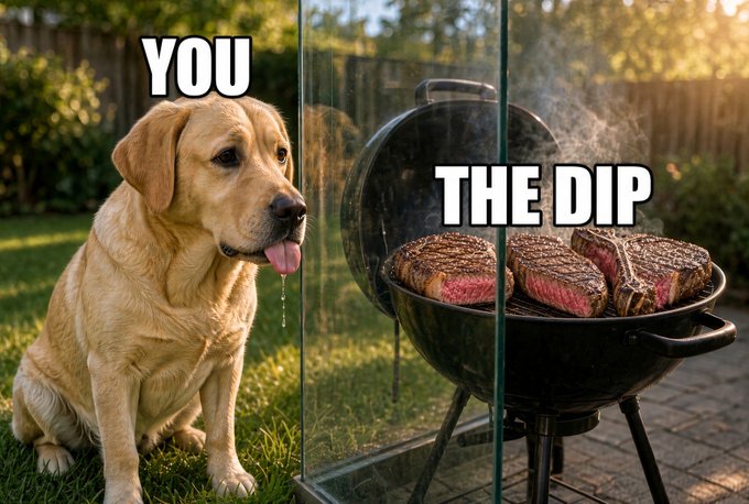 A sad-looking golden Labrador sits next to a backyard grill loaded with juicy steaks, with the labels "YOU" and "THE DIP" humorously framing the dog as the person and the steaks as the price drop. The image playfully illustrates the post about having no money left to buy Bitcoin by showing someone with nothing to do but watch meat sizzle, much like watching crypto prices dip without the funds to take advantage.