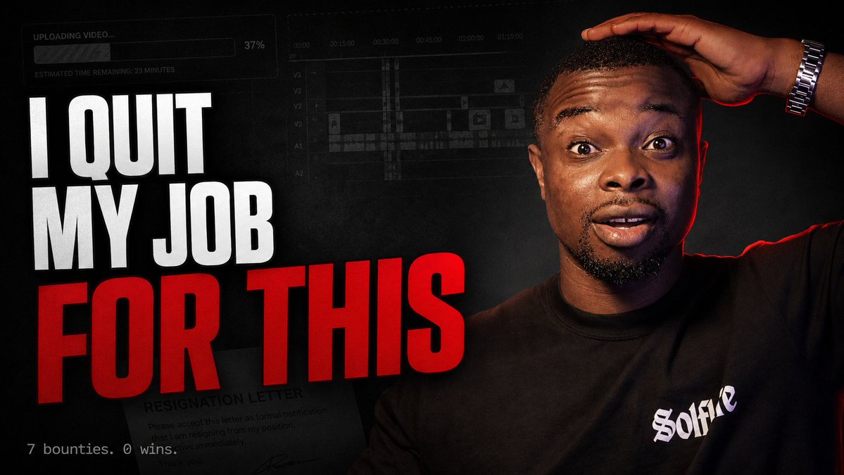 A YouTube thumbnail-style image showing a surprised-looking man with the text 'I QUIT MY JOB FOR THIS' in large white and red letters, with a video upload progress bar at 37% and '7 bounties. 0 wins.' in the corner.