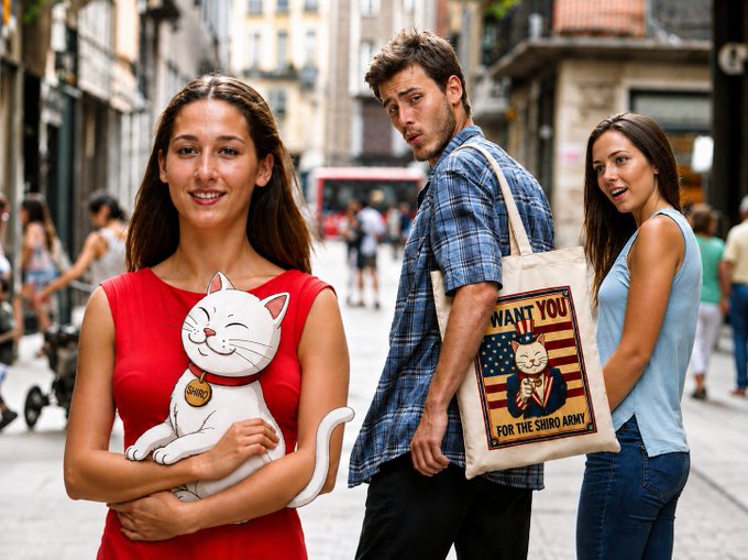 A woman in a red dress cradles a smiling white cat with a "SHIRO" tag on its collar, while in the background a man turns to stare at her, temporarily distracted from the woman beside him—mirroring the post's theme of instantly "spotting SHIRO." His tote bag displays a "I WANT YOU FOR THE SHIRO ARMY" recruitment poster, reinforcing the meme's call to join the SHIRO Army.