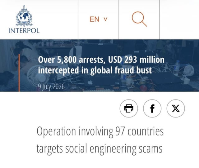 A webpage from INTERPOL with the headline 'Over 5,800 arrests, USD 293 million intercepted in global fraud bust' dated 9 July 2026, detailing an operation in 97 countries targeting social engineering scams.