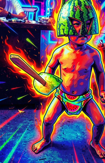 A vibrant, psychedelic digital illustration of a toddler wearing a watermelon helmet and watermelon-patterned underwear, holding a spoon, surrounded by flames and neon colors.