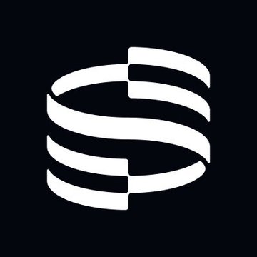 White stylized 'S' logo composed of stacked curved bands on a dark navy or black background.