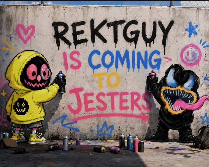 A graffiti mural on a concrete wall reading 'REKTGUY IS COMING TO JESTERS', depicting a yellow-hooded character with a pink face on the left and a black monstrous character with sharp teeth and a pink tongue on the right, surrounded by spray paint cans.