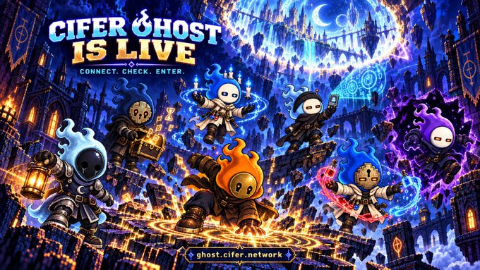 A vibrant digital fantasy artwork titled 'CIFER GHOST IS LIVE - CONNECT. CHECK. ENTER.' featuring hooded ghost-like characters with glowing colored heads floating above a mystical blue castle city, with the URL 'ghost.cifer.network' at the bottom.