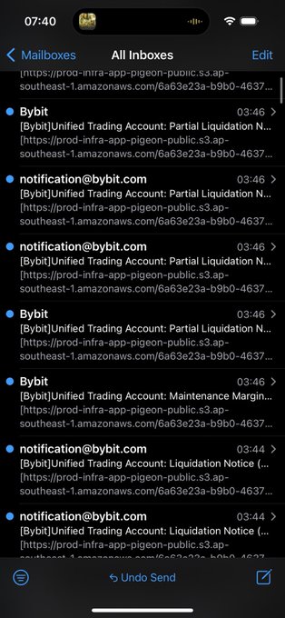The image shows an iPhone Mail inbox displaying multiple notifications from Bybit and notification@bybit.com regarding "Partial Liquidation," "Maintenance Margin," and "Liquidation Notice" alerts for a trading account, all timestamped 03:44-03:46. These rapid-fire liquidation emails corroborate the poster's claim of being fully liquidated on Bybit.