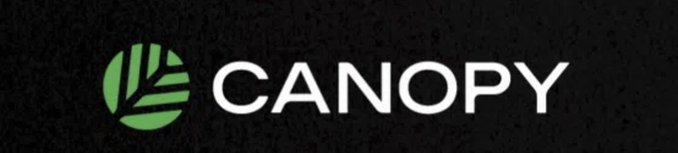 A simple logo banner for 'CANOPY' featuring white text next to a green circular icon with leaf-like lines on a black background.