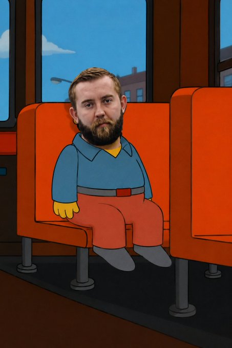 A cartoon illustration depicts a bearded man with a realistic face superimposed onto a character sitting on an orange bus seat.