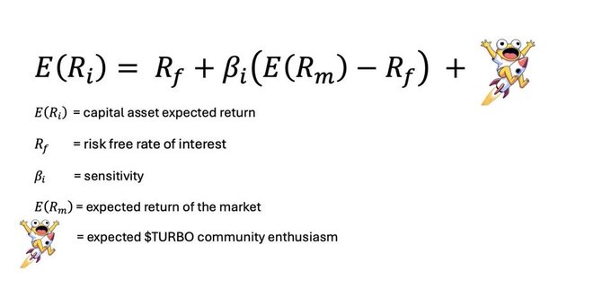 A humorous modification of the Capital Asset Pricing Model formula: E(Ri) = Rf + βi(E(Rm) − Rf) + [TURBO meme], redefining the last variable as 'expected $TURBO community enthusiasm'.