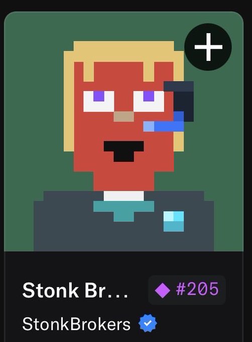 A pixel art NFT avatar titled 'Stonk Br...' (#205) by StonkBrokers, depicting a character with blonde hair, a headset, and a wide-open mouth on a green background.
